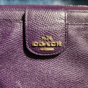 Coach Purple Leather Wallet W/ Handle  Zipper On Top & Back Snap On Front.